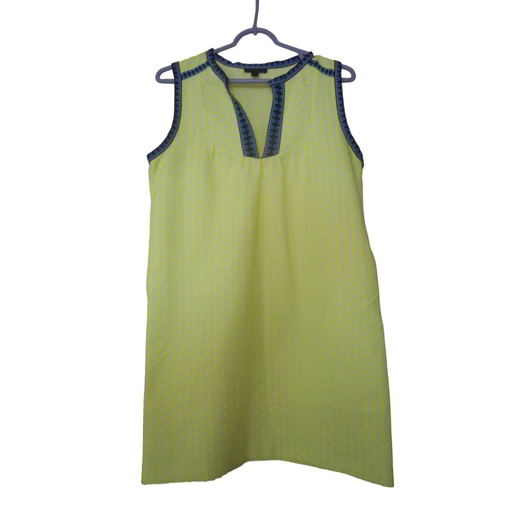 J. Crew Size 8 Abstract Neon yellow Blue trim sleeveless pullover Dress